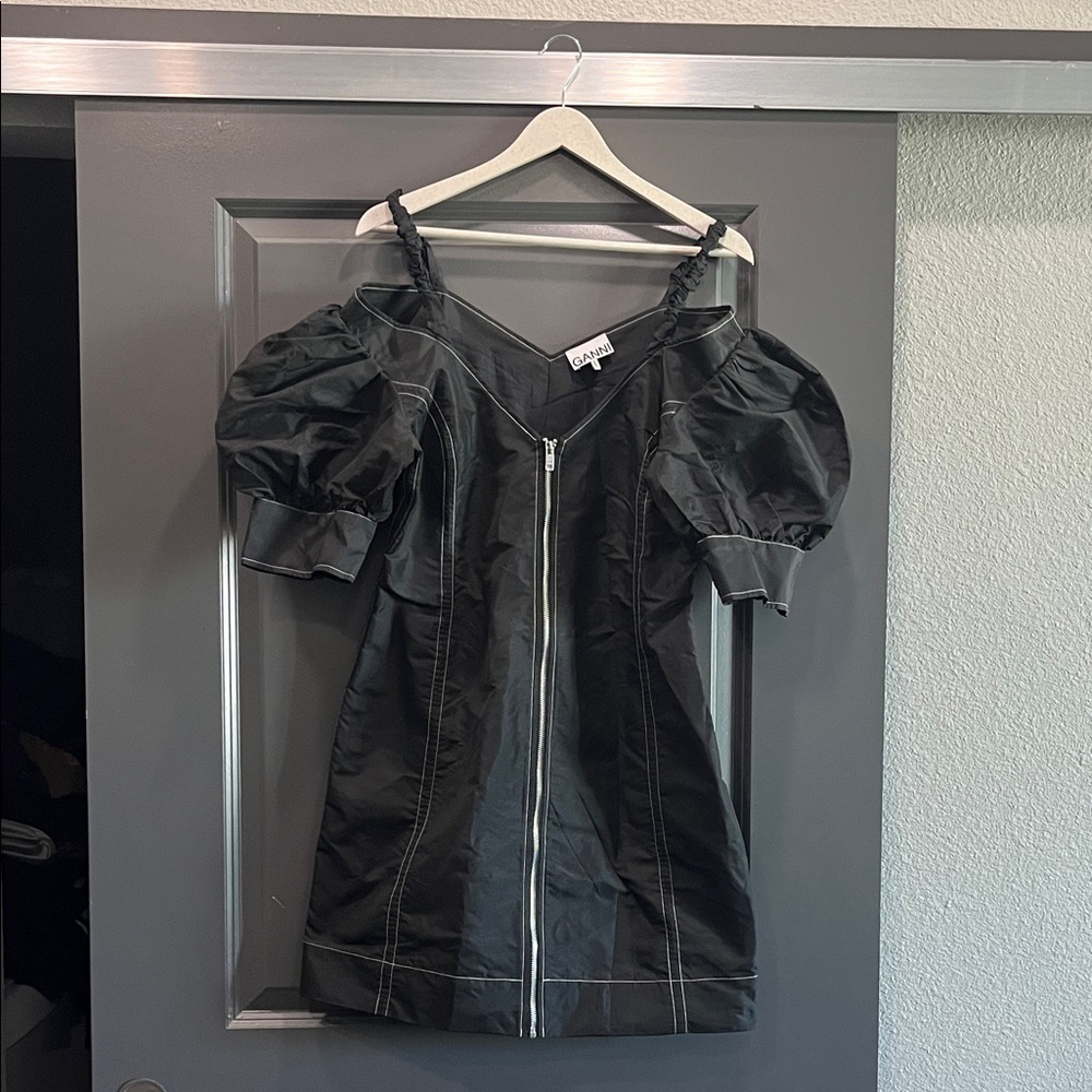 Ganni Black Puff Sleeve Mini Dress